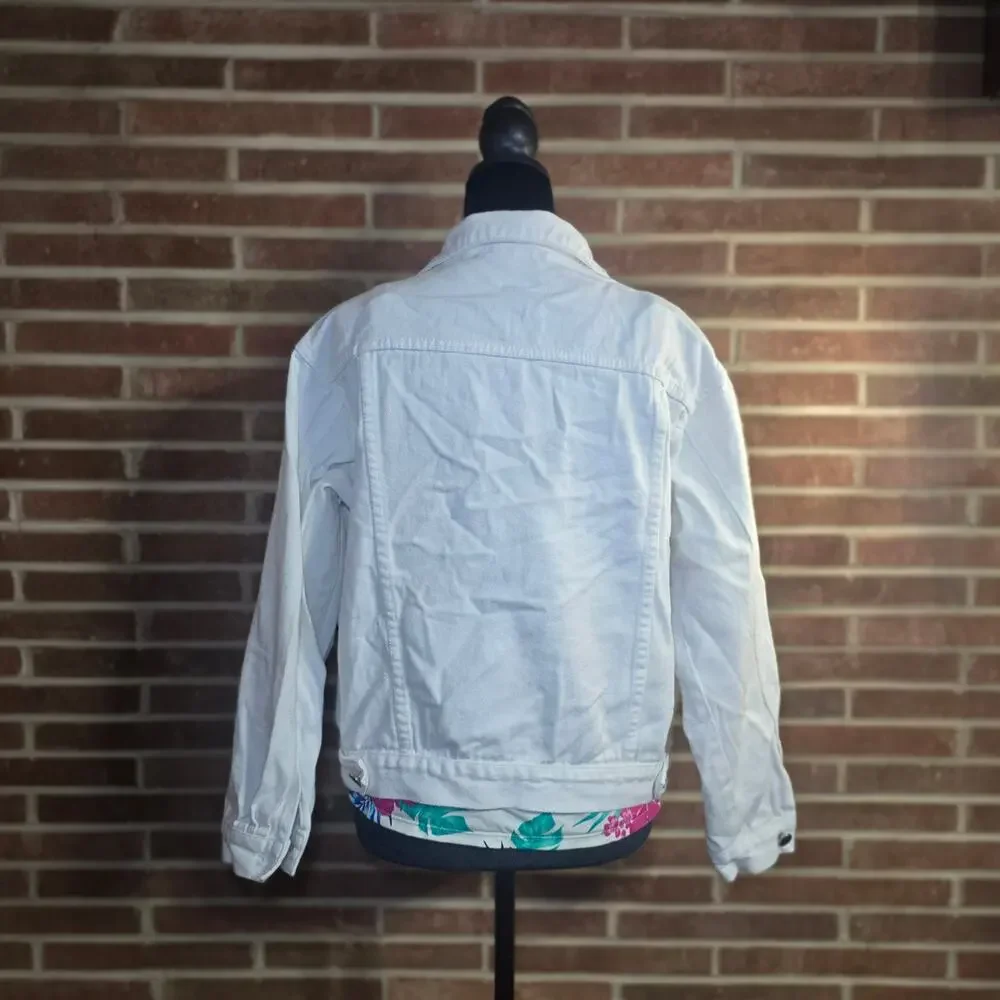 Women's White Denim Jacket Classic Trucker Jean Jacket Cotton Blend Size L